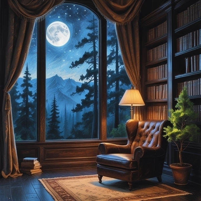 Cozy reading nook with view of mountains and full moon